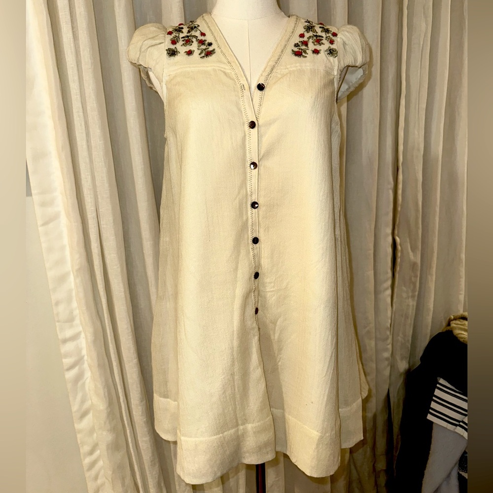 Meadow Rue Cream Mini Dress with Floral Embroidery